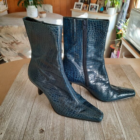 ANTONIO MELANI Miranda Croc Embossed Leather Stiletto Ankle Boot - Teal, Size 7 - Picture 16 of 16